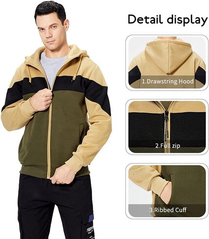 LBL Mens Slim Fit Long Sleeve Zip-up Fleece Hoodie Color Block Sweatshirt with Kanga Pocket in Kuwait