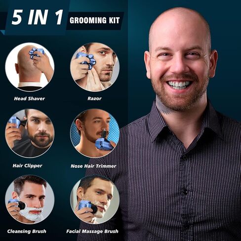 LNKERCO Head Shavers for Bald Men, 5-in-1 Grooming Head Shaver Kit with Fast Charger, Electric Razor for Men Bald Head Shaver, Electric Shaver for Men, IPX7 Waterproof Dry and Wet, Father's Day Gifts in Kuwait