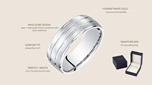 Peora Men's 14K White Gold Wedding Ring Band 7mm Satin Finish Comfort Fit Sizes 8 to 14 in Saudi Arabia