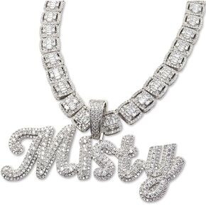 DOBLING Custom Big Brush Cursive Letters Nameplate Necklace CZ Iced Out Pendant Customized Icy Name Choker Charm with Rope/Tennis/Cuban/Baguette Chain Personalized Gifts for Her Birthday in Saudi Arabia