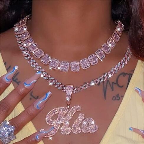 DOBLING Custom Big Brush Cursive Letters Nameplate Necklace CZ Iced Out Pendant Customized Icy Name Choker Charm with Rope/Tennis/Cuban/Baguette Chain Personalized Gifts for Her Birthday in Saudi Arabia