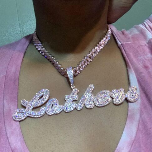 DOBLING Custom Big Brush Cursive Letters Nameplate Necklace CZ Iced Out Pendant Customized Icy Name Choker Charm with Rope/Tennis/Cuban/Baguette Chain Personalized Gifts for Her Birthday in Saudi Arabia
