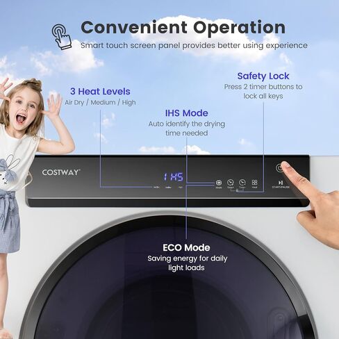 COSTWAY Compact Portable Dryer, Stainless Steel Clothes Dryer with Touch Panel, 2 Modes, 3 Heating Powers and Adjustable Exhaust Vent, 8.8 LBS Front Load Tumble Laundry Dryer for Apartment, Dorm and Home, 1400W, White in Kuwait