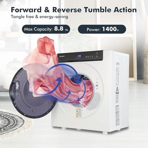 COSTWAY Compact Portable Dryer, Stainless Steel Clothes Dryer with Touch Panel, 2 Modes, 3 Heating Powers and Adjustable Exhaust Vent, 8.8 LBS Front Load Tumble Laundry Dryer for Apartment, Dorm and Home, 1400W, White in Kuwait