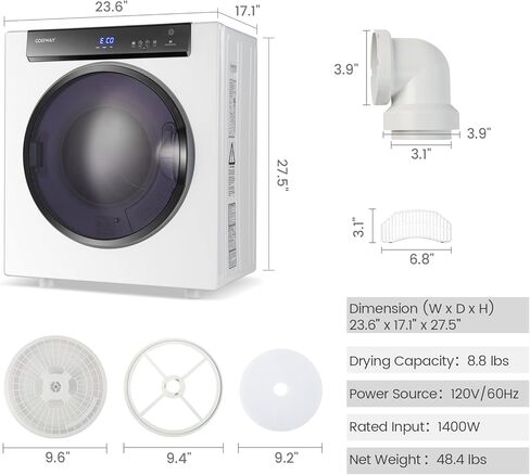 COSTWAY Compact Portable Dryer, Stainless Steel Clothes Dryer with Touch Panel, 2 Modes, 3 Heating Powers and Adjustable Exhaust Vent, 8.8 LBS Front Load Tumble Laundry Dryer for Apartment, Dorm and Home, 1400W, White in Kuwait