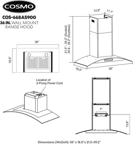 COSMO 668AS900 Wall Mount Range Hood with 380 CFM, Ducted Exhaust Vent, 3 Speeds, Tempered Glass Hood, LCD Display Touch Control Panel in Stainless Steel (36 inch) in Saudi Arabia