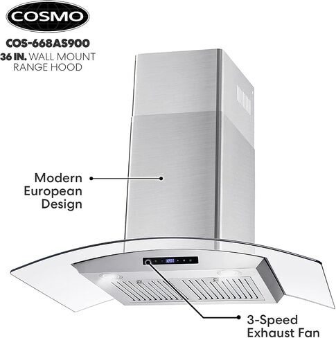 COSMO 668AS900 Wall Mount Range Hood with 380 CFM, Ducted Exhaust Vent, 3 Speeds, Tempered Glass Hood, LCD Display Touch Control Panel in Stainless Steel (36 inch) in Saudi Arabia
