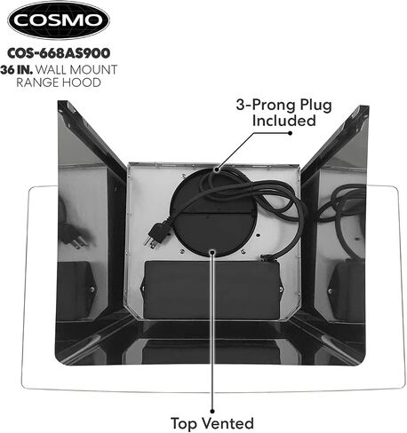 COSMO 668AS900 Wall Mount Range Hood with 380 CFM, Ducted Exhaust Vent, 3 Speeds, Tempered Glass Hood, LCD Display Touch Control Panel in Stainless Steel (36 inch) in Saudi Arabia