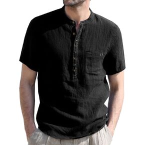 Nuofengkudu Men's Cotton Linen Henley Shirt Summer Beachware Hippie Button T Shirts in Kuwait