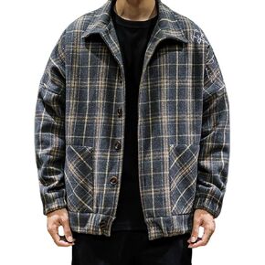 chouyatou Men's Lapel Collar Loose Single Breasted Oversize Embroider Plaid Wool Blend Shacket Jacket in Kuwait