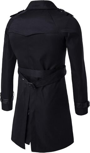 ebossy Men's Classic Lapel Collar Double Breasted Lightweight Belted Long Trench Coat Pu Trims in Kuwait