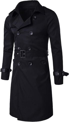 ebossy Men's Classic Lapel Collar Double Breasted Lightweight Belted Long Trench Coat Pu Trims in Kuwait