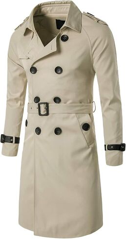 ebossy Men's Classic Lapel Collar Double Breasted Lightweight Belted Long Trench Coat Pu Trims in Kuwait