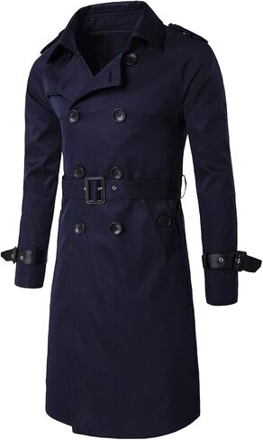 ebossy Men's Classic Lapel Collar Double Breasted Lightweight Belted Long Trench Coat Pu Trims in Kuwait