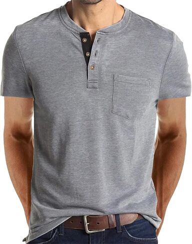 Fashion Men's Henley Shirts Classic Short Sleeve Basic Button Cotton T-Shirt with Pocket in Saudi Arabia