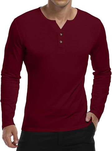 YTD Mens Long Sleeve Henley T-Shirts Casual Slim Fit Buttons Placket Plain V Neck Shirts in Kuwait