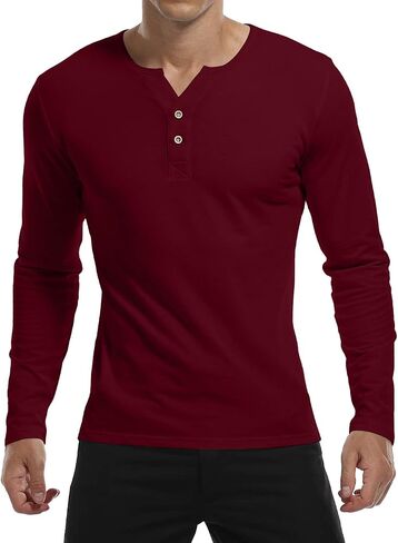 YTD Mens Long Sleeve Henley T-Shirts Casual Slim Fit Buttons Placket Plain V Neck Shirts in Kuwait