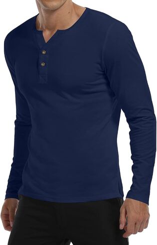 YTD Mens Long Sleeve Henley T-Shirts Casual Slim Fit Buttons Placket Plain V Neck Shirts in Kuwait