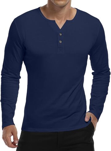 YTD Mens Long Sleeve Henley T-Shirts Casual Slim Fit Buttons Placket Plain V Neck Shirts in Kuwait