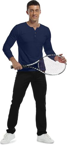 YTD Mens Long Sleeve Henley T-Shirts Casual Slim Fit Buttons Placket Plain V Neck Shirts in Kuwait