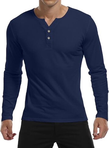 YTD Mens Long Sleeve Henley T-Shirts Casual Slim Fit Buttons Placket Plain V Neck Shirts in Kuwait
