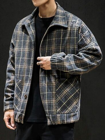 chouyatou Men's Lapel Collar Loose Single Breasted Oversize Embroider Plaid Wool Blend Shacket Jacket in Kuwait