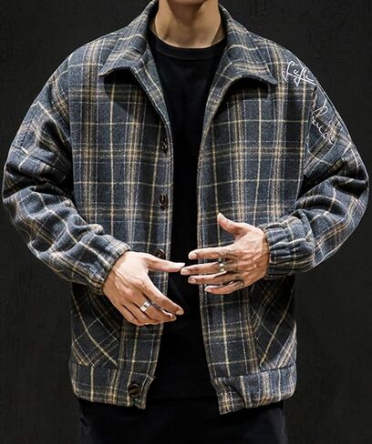 chouyatou Men's Lapel Collar Loose Single Breasted Oversize Embroider Plaid Wool Blend Shacket Jacket in Kuwait