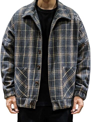 chouyatou Men's Lapel Collar Loose Single Breasted Oversize Embroider Plaid Wool Blend Shacket Jacket in Kuwait