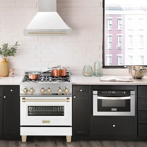30" ZLINE Autograph Edition Stainless Steel Range Hood with White Matte Shell and Gold Handle in Saudi Arabia
