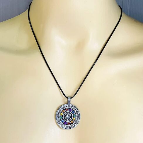 Wheel of zodiac Astrology Horoscope Tarot Psychic Gypsy Fortune Teller Colorful Crystal Pewter Unisex Men's Pendant Necklace Lucky Charm Travel Medallion Protection Amulet Talisman Black Leather Cord in Saudi Arabia