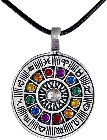 Wheel of zodiac Astrology Horoscope Tarot Psychic Gypsy Fortune Teller Colorful Crystal Pewter Unisex Men's Pendant Necklace Lucky Charm Travel Medallion Protection Amulet Talisman Black Leather Cord in Saudi Arabia