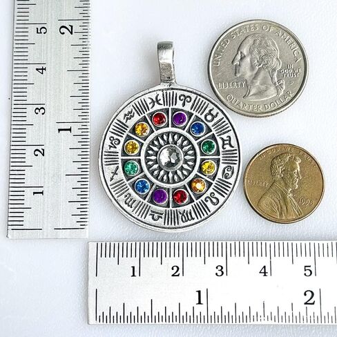 Wheel of zodiac Astrology Horoscope Tarot Psychic Gypsy Fortune Teller Colorful Crystal Pewter Unisex Men's Pendant Necklace Lucky Charm Travel Medallion Protection Amulet Talisman Black Leather Cord in Saudi Arabia