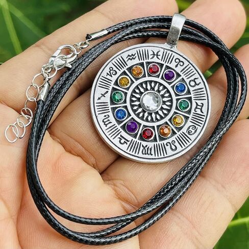 Wheel of zodiac Astrology Horoscope Tarot Psychic Gypsy Fortune Teller Colorful Crystal Pewter Unisex Men's Pendant Necklace Lucky Charm Travel Medallion Protection Amulet Talisman Black Leather Cord in Saudi Arabia