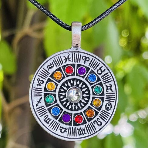 Wheel of zodiac Astrology Horoscope Tarot Psychic Gypsy Fortune Teller Colorful Crystal Pewter Unisex Men's Pendant Necklace Lucky Charm Travel Medallion Protection Amulet Talisman Black Leather Cord in Saudi Arabia