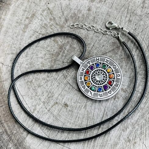 Wheel of zodiac Astrology Horoscope Tarot Psychic Gypsy Fortune Teller Colorful Crystal Pewter Unisex Men's Pendant Necklace Lucky Charm Travel Medallion Protection Amulet Talisman Black Leather Cord in Saudi Arabia