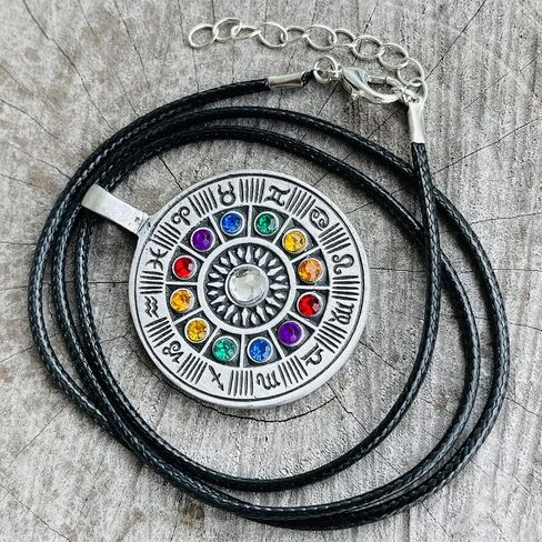 Wheel of zodiac Astrology Horoscope Tarot Psychic Gypsy Fortune Teller Colorful Crystal Pewter Unisex Men's Pendant Necklace Lucky Charm Travel Medallion Protection Amulet Talisman Black Leather Cord in Saudi Arabia