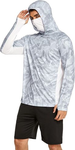 قميص رجالي للحماية من أشعة الشمس بعامل حماية من أشعة الشمس 50+ مع قناع تبريد بقلنسوة سريع الجفاف بعامل حماية من الشمس SPF مموه وأكمام طويلة للمشي لمسافات طويلة in Kuwait