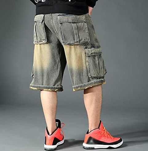 Baggy Jeans Shorts for Men Hip Hop Loose Fit Work 3/4 Jean Denim Shorts with Cargo Pockets Baggies Pants Men in Saudi Arabia