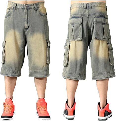 Baggy Jeans Shorts for Men Hip Hop Loose Fit Work 3/4 Jean Denim Shorts with Cargo Pockets Baggies Pants Men in Saudi Arabia