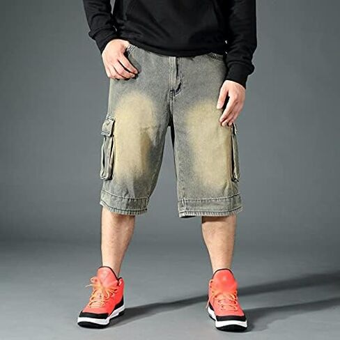 Baggy Jeans Shorts for Men Hip Hop Loose Fit Work 3/4 Jean Denim Shorts with Cargo Pockets Baggies Pants Men in Saudi Arabia