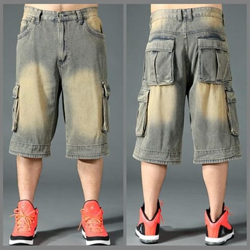 Baggy Jeans Shorts for Men Hip Hop Loose Fit Work 3/4 Jean Denim Shorts with Cargo Pockets Baggies Pants Men in Saudi Arabia