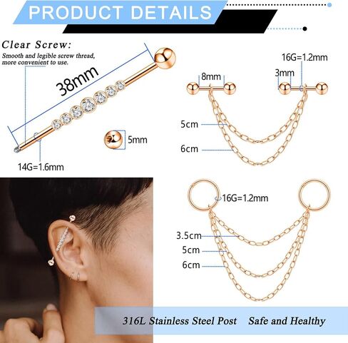 Longbeauty 14G الأقراط الحديد الصناعية مع سلسلة الجراحية الصلب تتدلى شريط الصناعية ثقب المجوهرات الغضروف الحلزون الأقراط الصناعية للنساء الرجال in Kuwait