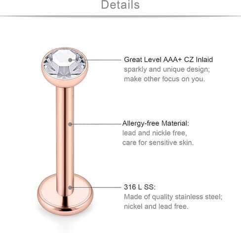 SCERRING 12PCS 16g Stainless Steel Clear CZ Internally Threaded Labret Monroe Lip Tragus Cartilage Helix Earring Ring Body Piercing Jewelry 6-10mm in Saudi Arabia