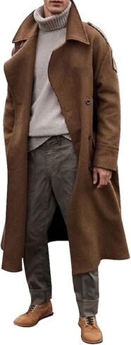 Men's Full Length Winter Trench Coat Double Breasted Wool Blend Long Windbreaker Notch Lapel Peacoat Overcoat in Kuwait