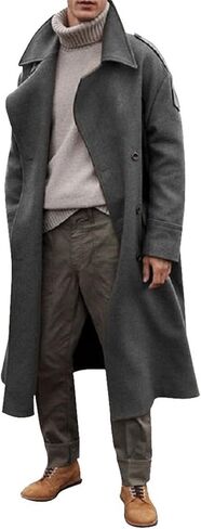 Men's Full Length Winter Trench Coat Double Breasted Wool Blend Long Windbreaker Notch Lapel Peacoat Overcoat in Kuwait