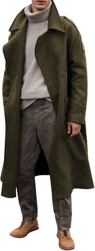 Men's Full Length Winter Trench Coat Double Breasted Wool Blend Long Windbreaker Notch Lapel Peacoat Overcoat in Kuwait