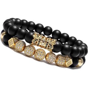 WFYOU 8mm Charm Beads Bracelet for Men Women Black Matte Onyx Natural Stone Beads, 7.5"