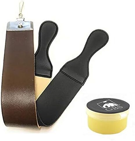 GBS Straight Razor Leather Strop 2.5" x 23.5" Cow Hide Dual Straps with Swivel Clip + 22 ML Strop Paste Leather Dressing to Maintain Strop - Made in USA in Saudi Arabia