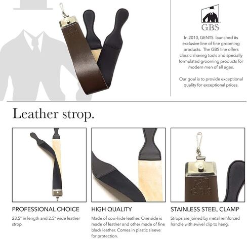GBS Straight Razor Leather Strop 2.5" x 23.5" Cow Hide Dual Straps with Swivel Clip + 22 ML Strop Paste Leather Dressing to Maintain Strop - Made in USA in Saudi Arabia
