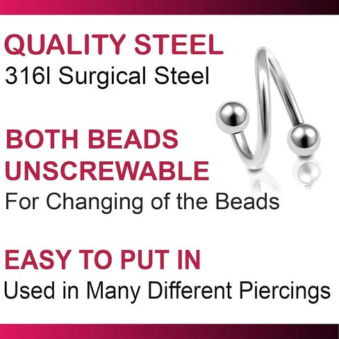 bodyjewellery 4pcs 16g Spiral Barbell Cartilage Earring Lip Tragus Eyebrow Hoop Helix Twisted Bar Surgical Steel Studs 3mm Balls Pick Size in Saudi Arabia
